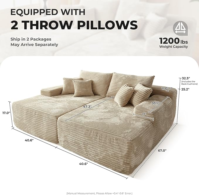 Oversized Chaise Lounge Sofa Indoor - 80 Cloud Sectional Couch Sofa BedLuxury Deep Seat Plush Corduroy Lounge Chair Sleeper Sofa for Living Room Bedroom (Beige2PCS)