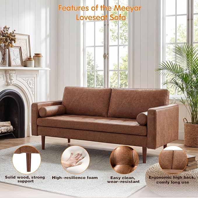 70 Mid-Century Modern Sofa Couch – Faux Leather Loveseat Sofa with Deep Seat &amp Solid Wood Frame – Includes 2 Accent Pillows – Brown Living Room Bedroom Office | Faux Leather Easy to Clean High