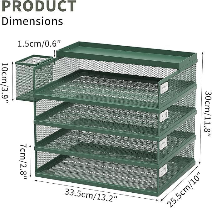 Metal Stackable Letter Trays 4-Tier Desk Organizer &amp Paper Trays for Office Stackable File &amp Document Tray with Magnetic LabelsGreen