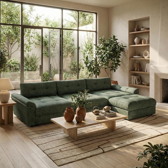 Oversized Modular Sectional Sofa with Adjustable Back Modern Comfy Sectional Couch with Storage Ottoman Deep Seat Chenille Cloud Couch for Living Room Only Single Seat Green