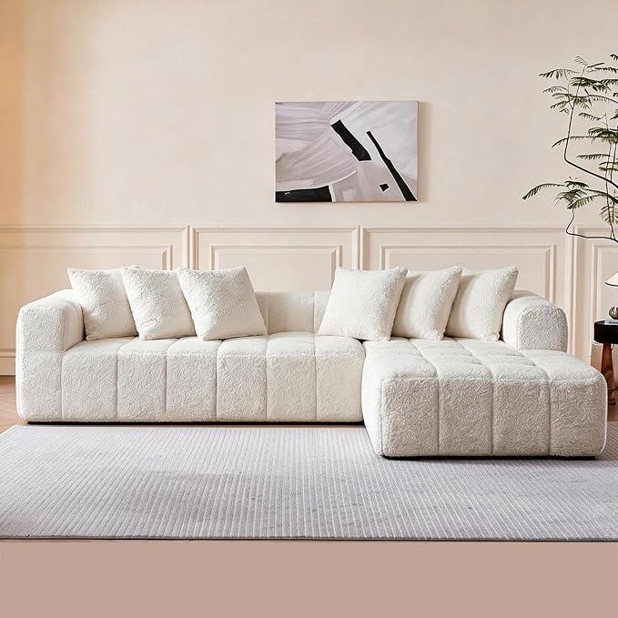 Modular Sectional Sofa Cloud Boneless Couch with Layered Cushion Upholstered Sofa in a Box Flexible Module Combination for Living Room No Assembly (White 108“)