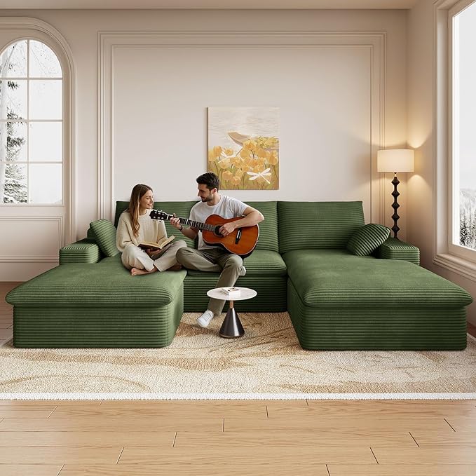107 Cloud Modular Sectional Sofa with 1 Ottoman Deep Seat Boneless Couch Modern Upholstered Corduroy Couches Comfort U Shaped Sofa for Living Room No Assembly Required(GreenRight Facing Chaise)