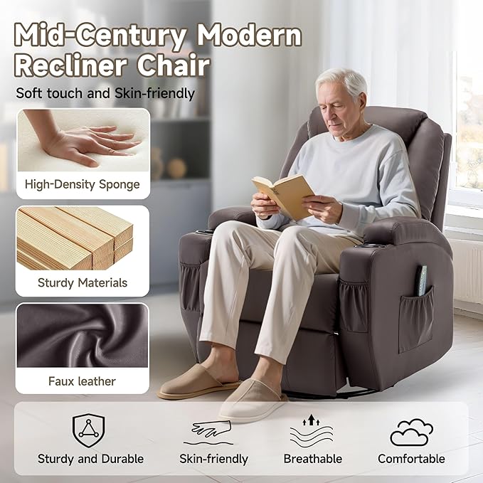 Recliner Chair Rocker Recliner Chair with Massage and Heat Manual Recliner Chairs for Adults 360° Swivel Rocker Recliner with Remote Control and Cup Holder for Living Room Nursery