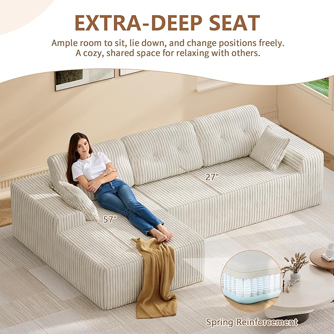 Ball &amp Cast 106 Cloud Modular Sectional Sofa Boneless Corduroy Couch with Deep Seat Comfy L-Shaped Sectional Modern Upholstered Sofa for Living Room No Assembly (Beige Left Facing Chaise)