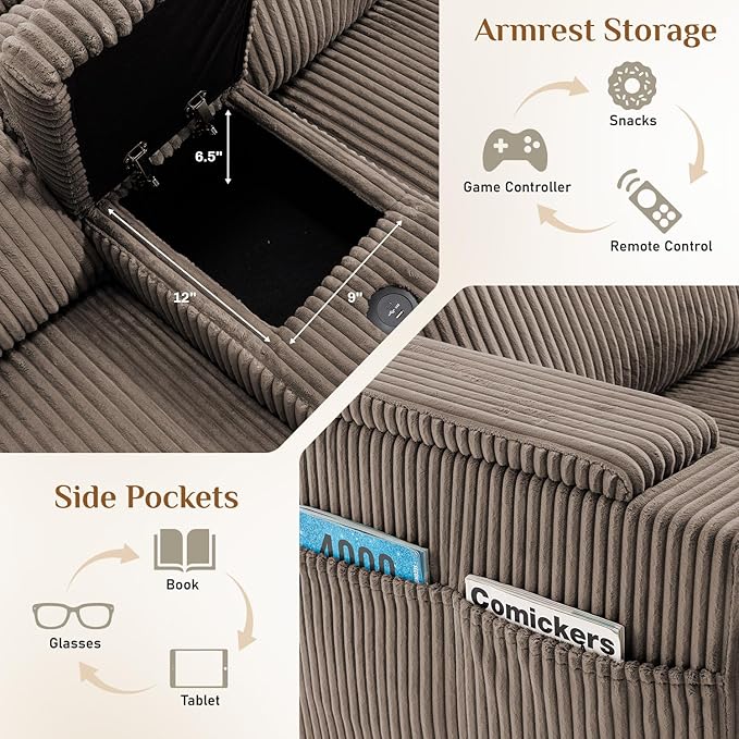 153 W x 60 D U Shape Sectional Sofa with USB Charging &amp Cup Holder &amp Storage 6 Seater Plush Corduroy Couches with Movable Ottoman Cloud Couch Sofas for Living Room DIY Combination - Brown