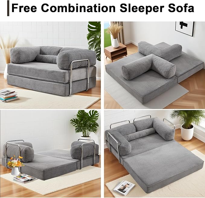 Folding Sofa Bed Convertable Corduroy Couch Convertible Sofa with Fixed-Shape Frame Modular Sectional for Living Room No Assembly Compression Foldable Sleeper (Gray)