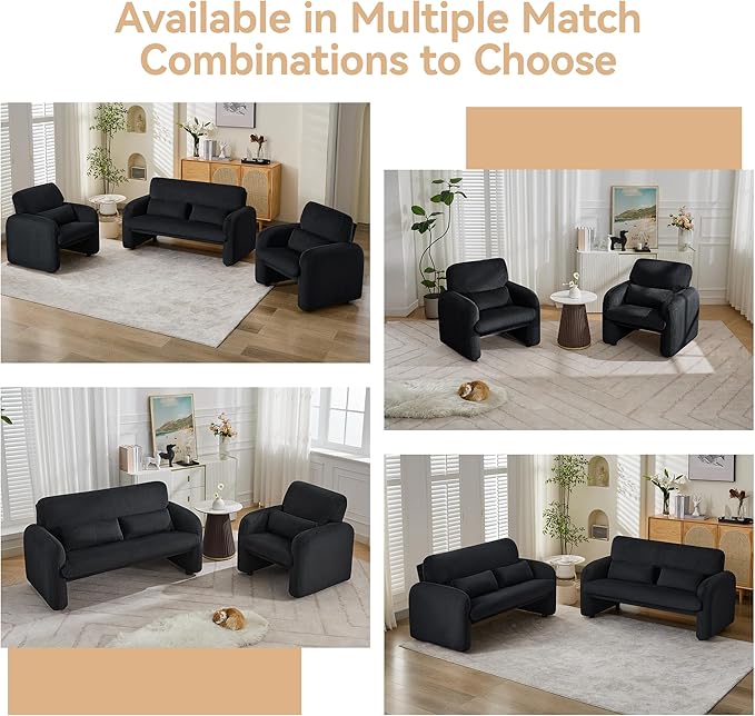 Corduroy Accent Living Room Sets Modern Upholstered Love Seat with 2 Accent Chairs Wide Comfy Leisure Chair Sets for Bedroom Office Black