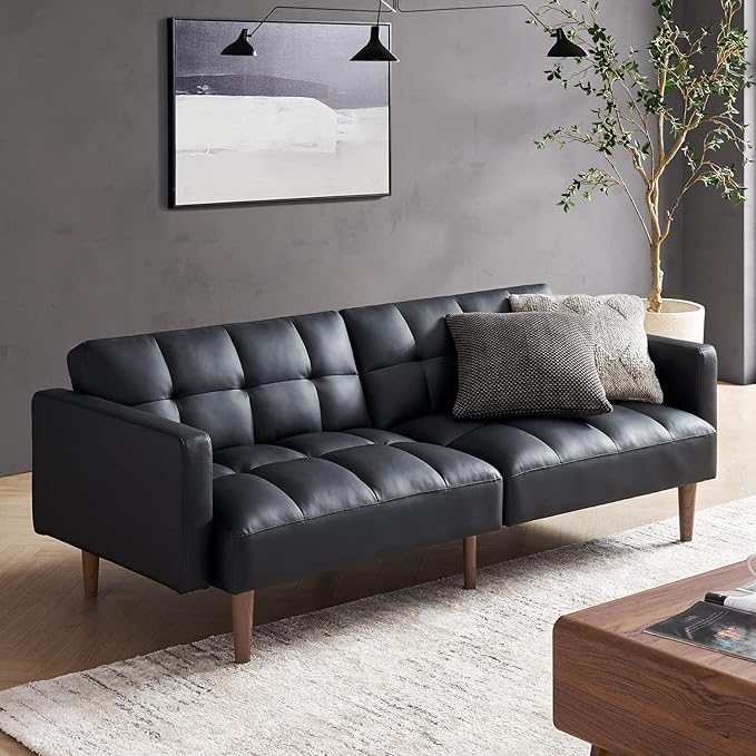 mopio 76.4 Futon Sofa Bed Couch Loveseat Sleeper Sofa Mid Century Modern Futon Couch Sofa Cama Couches for Living Room (Aaron PU Midnight Black)