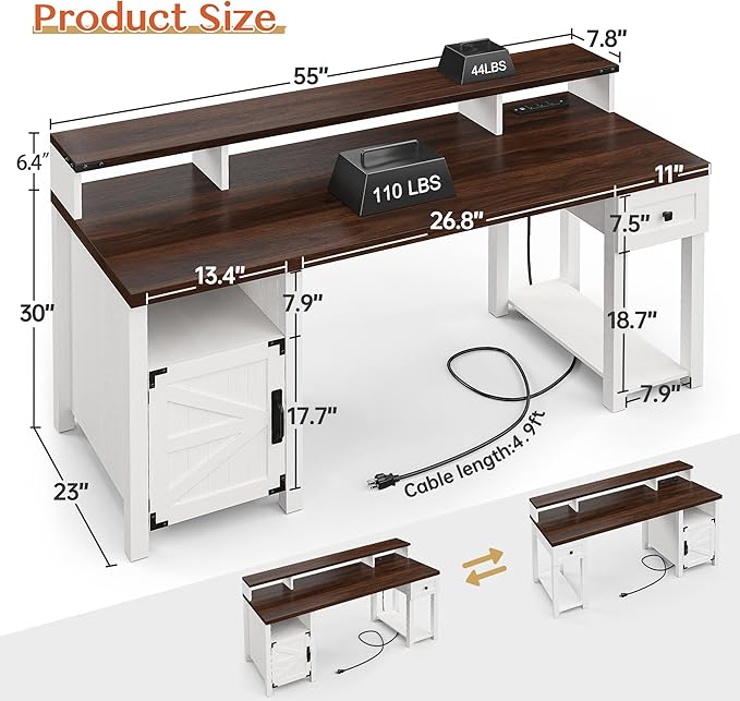 EnHomee Computer Desk with Drawers23 D Home Office Desk with StorageWooden Desk with Monitor StandFarmhouse Desk with Printer Space and Power Outlets for StudioWork StudyWriting&ampGamingWhit