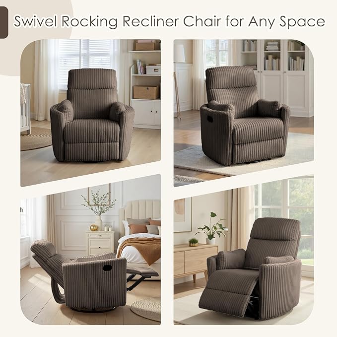 Nursery Rocking Chairs Comfy High Back 360 Swivel Rocker Recliner with 2 Pillows Glider Recliner Nursery Chair for Adults Small Spaces Nursing Bedroom Living Room Brown