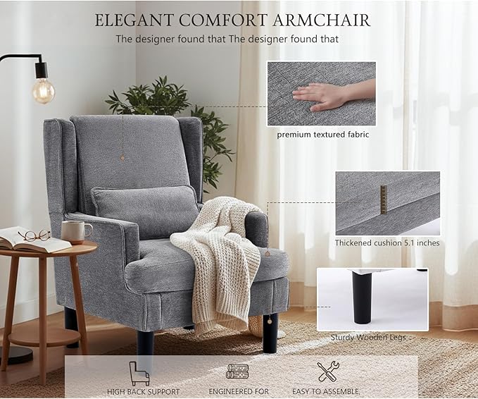 Accent Chairs Set of 2 for Living Room Chairs Modern Accent Chair Oversized Reading Chair for Living Room Sofa Chair with High Back and Wood Legs Upholstered Armchair Comfy Chair for Bedroom (Grey)
