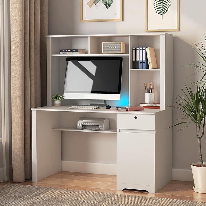 Computer Desk with Hutch BookshelfWood Executive Desk Teens Student Desk Writing Laptop Home Office Desk with Drawers3 AC Outlets and 2 USB Charging PortsStudy Laptop Table for Home