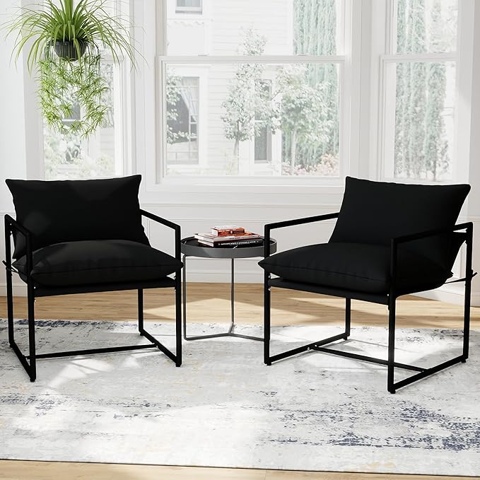 Modern Accent Chair with Arms Comfortable Living Room Seating Square Metal Frame Soft Upholstered Cushion Sponge Filling Easy to Assemble Set of 2 Black