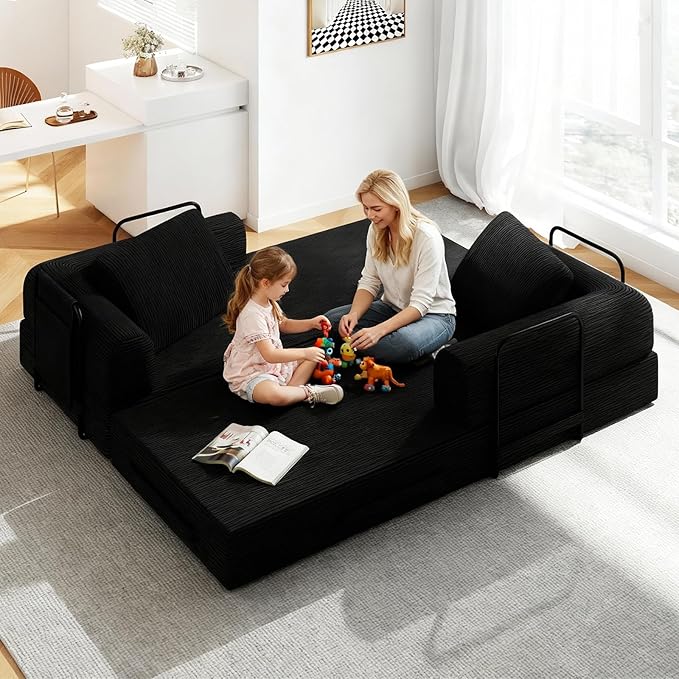78'' Sleeper Couch Bed for Living Room Convertible Modular Sofa with Fixed Frame &amp Side Pocket Corduroy Futon Boneless Couches in a Box No Assembly Black