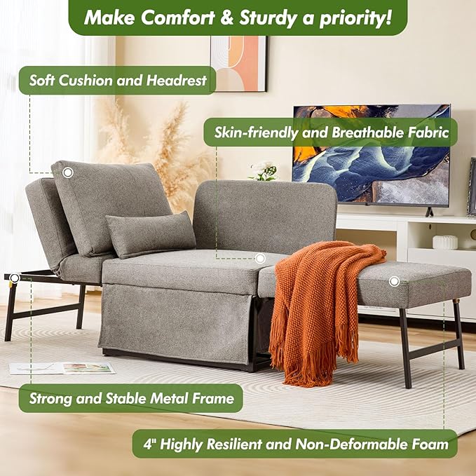 Sleeper Chair Bed Upgrade 4-in-1 to 5-in-1 Convertible Multi-fuction Sofa Chair w/Adjustable Backrest Assembly-Free Linen Folding Sofa Ottoman Bed for Living Room Apartment (Light Grey)