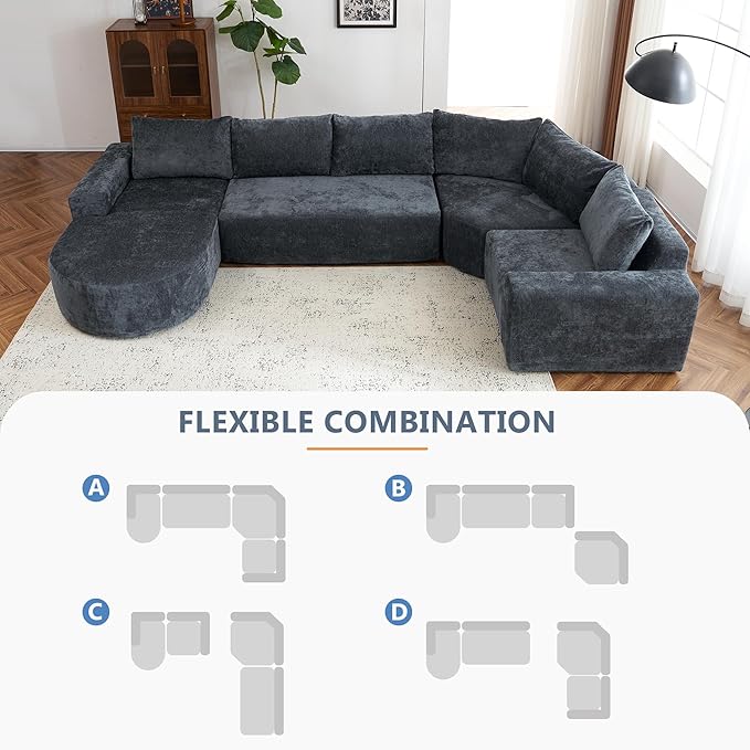 Modular Sofa Set 141.7 Oversized Sofa Cloud Sectional Sofa Set 5 Seat Upholstered Couches U-Shaped Sofa with Deep Seat Chenille Fabric Convertible Sleeper Couches for Living Room (Gray/145)