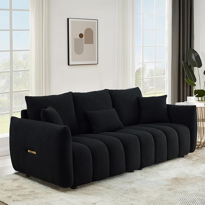 Antetek 78 Modern Sofa Couch Comfy Deep Seat Teddy Cloud Sofa Upholstered 3-Seater Boucle Couch Oversized Loveseat for Living Room Bedroom Office Apartment Black