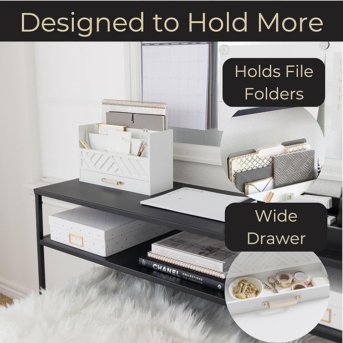 BLU MONACO | White Wooden Mail Organizer with Drawer &amp Gold Handle | Mail Sorter Organizer Countertop | Tabletop Organizer with Drawers &amp Outgoing Mail Holder