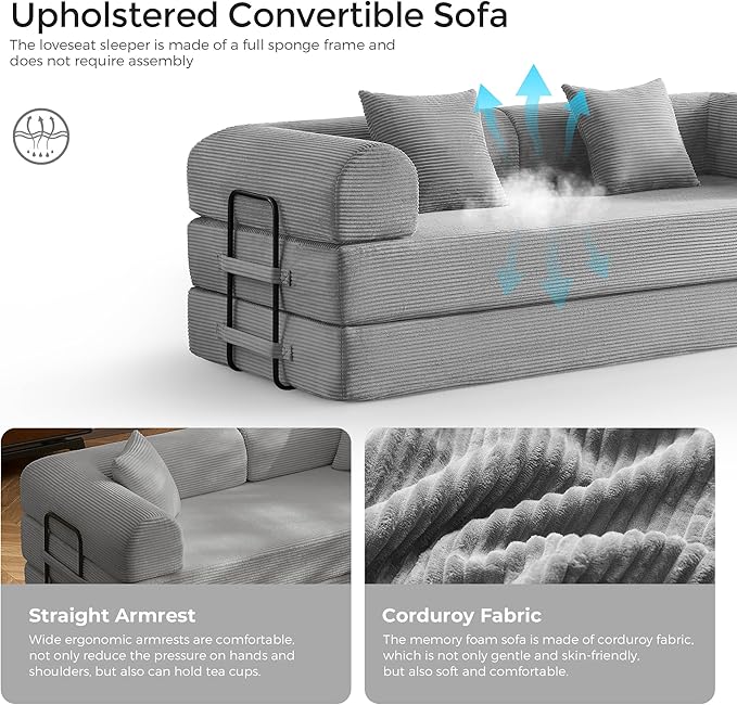 79 Convertible Floor Sofa Bed 5-in-1 Modular Sleeper with Removable Parts No Assembly Corduroy Futon from Sofa to Oversized Bed Non-Slip Base for Living Room Dorm (Light Gray)