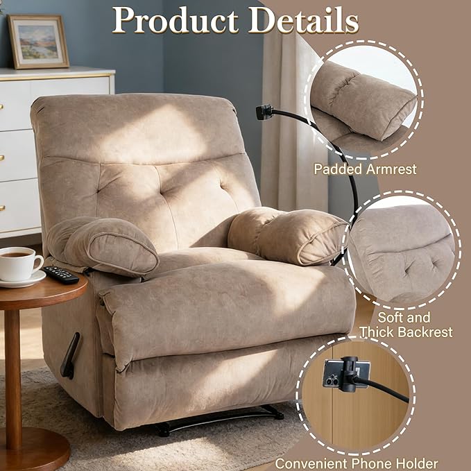 Adjustable Oversized Recliner Chair for Adults Manual Big Man Recliners 400lbs with Phone Holder Tall Man Recliner for Bedroom Living Room and Home Theater Brown