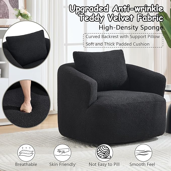 360°Swivel Accent Chair 37.4W Boneless Oversized Chair Teddy Velvet Comfy Armchair Foam &amp Spring Filling for Living Room Bedroom Apartment Office No Assembly