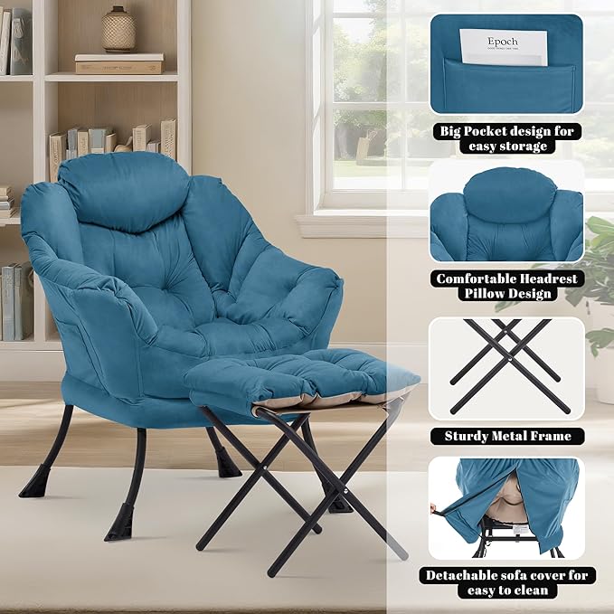 Lazy Chair with Ottoman Comfy Accent Lounge Chair with Side Pocket Modern Reading Armchair with Footrest Upholstered Sofa Chair for Small Spaces Bedroom Living Room Dorm Blue