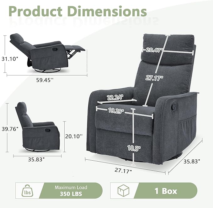 cinkehome Swivel Rocker Recliner Glider Rocker Recliner Chair for Nursery Manual Reclining Chair with Heated Massage Small Spaces Living Room Linen Dark Grey