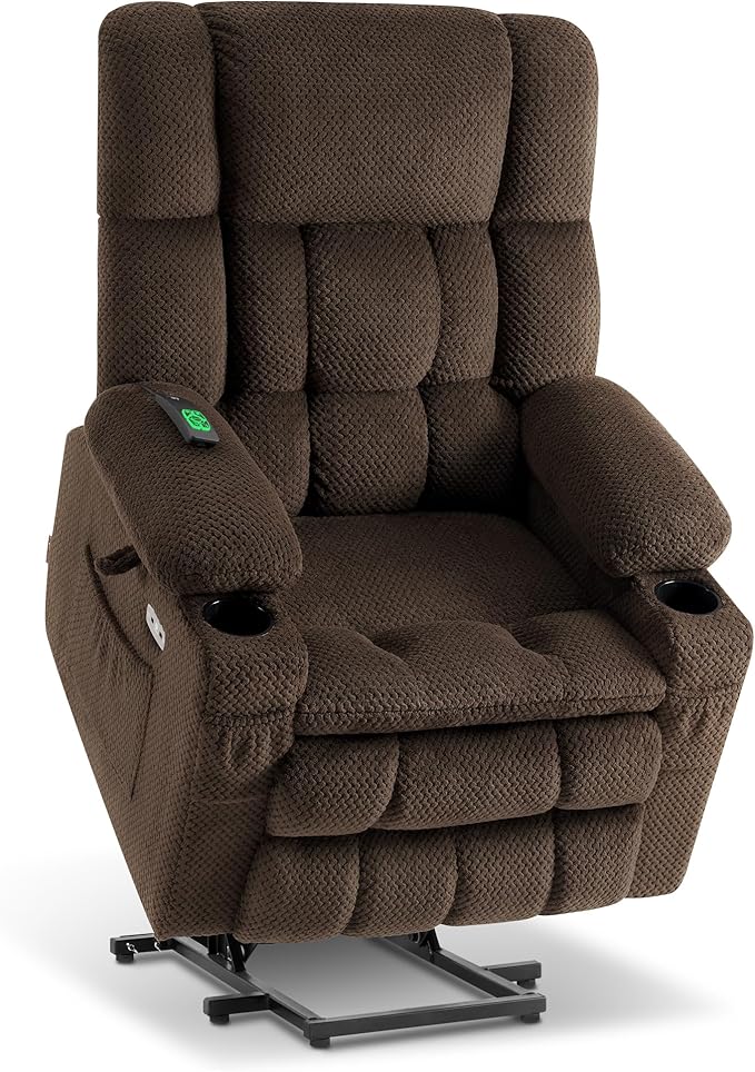 MCombo Dual Motor Large Power Lift Recliner Chair for Elderly Lay Flat Lift Chair with Heat and Massage Big Lift Recliner for Tall People Cup Holders Fabric 7896 (Large Mocha)