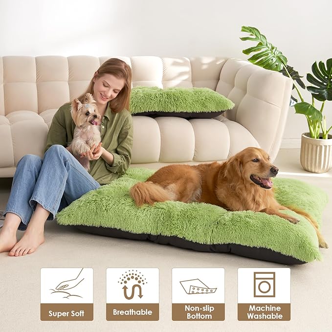 EHEYCIGA Fluffy Dog Crate Bed for Large Dogs Plush Faux Fur Crate Pad Calming Anti Anxiety Large Dog Bed Washable Soft Warm Mat with Non-Slip Bottom Green