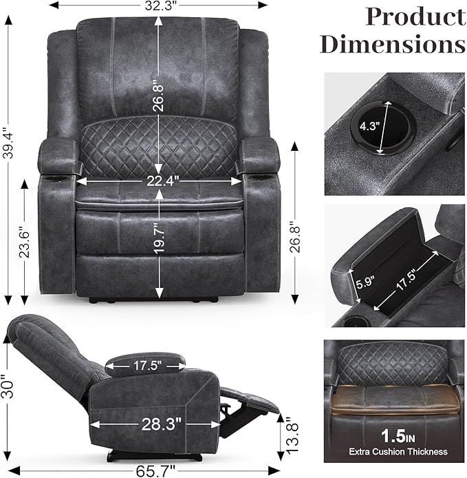 Recliner Chairs for Adults Oversize Manual Reclining Chair with 2-Tier Cushions Dutch Velvet Recliner Chair with Hidden Storage Space Living Room Recliner Chairs with Cup Holders - Grey