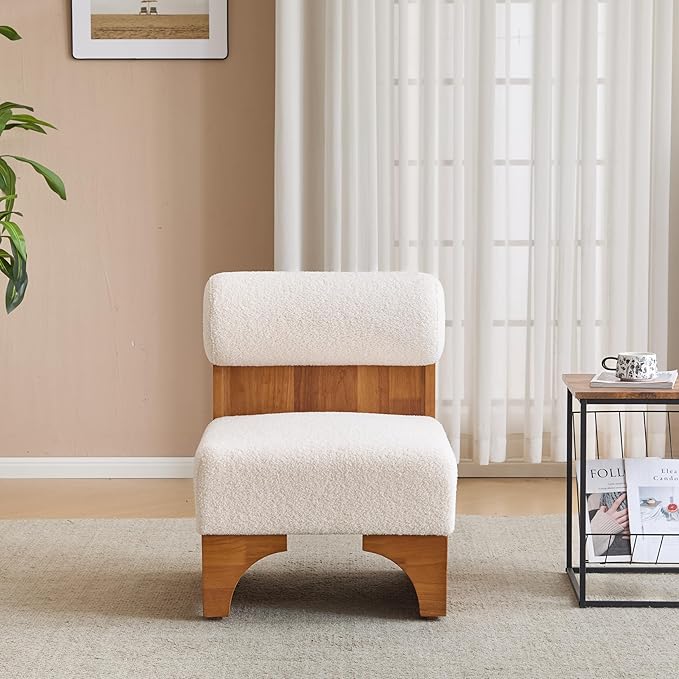 Christopher Knight Home Devon Modern Minimalist Boucle Fabric Upholstered Accent ChairWooden Lounge Chair with Rolled Backrest+Soft Padded SeatComfy Reading ChairLiving Room/Bedroom Beige+Natural