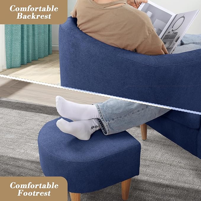 Athena Collection Modern Accent Chair with Ottoman Linen Barrel Sofa Chair Comfy Upholstered Armchair Reading Chair with Thickened Seat Cushion for Bedroom Living Room Navy Blue