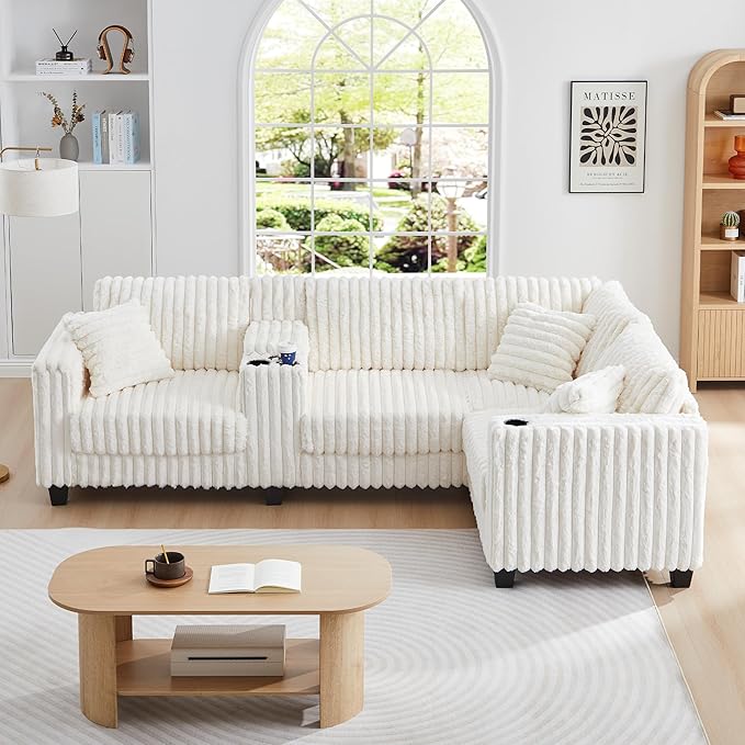 105 Modular Sectional Sofa Comfy Faux Rabbit Fur L-Shaped Cloud Couch with Center Console Cup Holders and Storage 4 Seater Sofa Couch for Living Room Apartment (White)