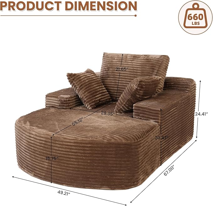 Oversized D-Shape Lounge Chair Indoor Single Foam Upholstered 67-inch Corduroy Boneless Deep Seat Circle CouchCloud Couch Lounge Floor Sofa Chair for Reading Room Brown