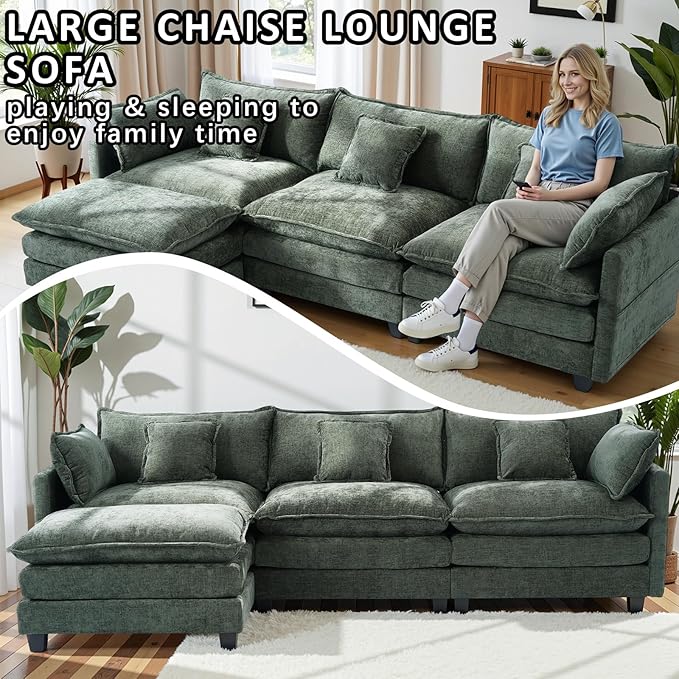 Gexpusm Modular Sectional Sofa108 L Shaped Couches for Living Room3 Seats Sofas with Movable OttomanCloud Sectional Couch with Deep SeatOversized Sleeper Sofa Boneless for BedroomGreen