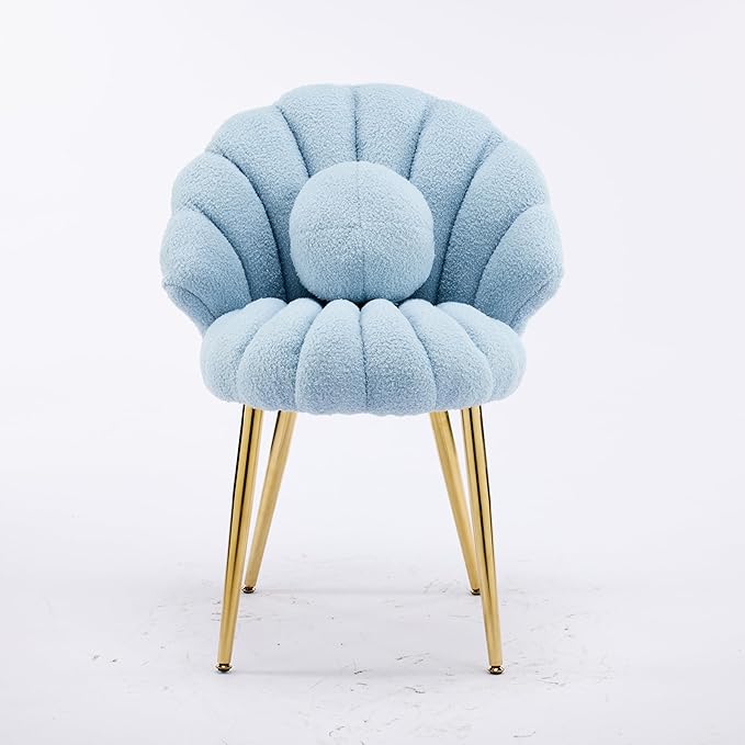VINGLI Shell-Shaped Teddy Fleece Accent Vanity Chair with BackComfy Blue and Gold Desk Chair No WheelsCute Small Pearl Deco PillowGift for Girls/Womenfor MakeupOfficeDiningNailSewingBedroom