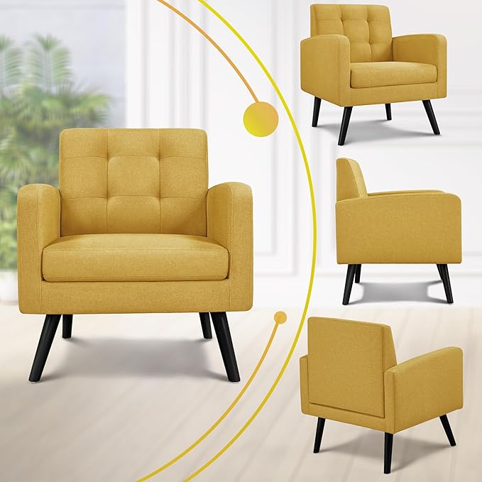 Yaheetech Mid-Century Accent Chairs Modern Upholstered Living Room Chair Cozy Armchair Button Tufted Back and Wood Legs for Bedroom/Office/Cafe Set of 2 Yellow
