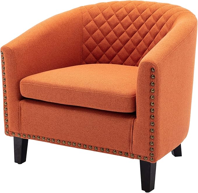 Accent Barrel Chair Living Room Chair with Nailheads and Solid Wood Legs Orange Linen