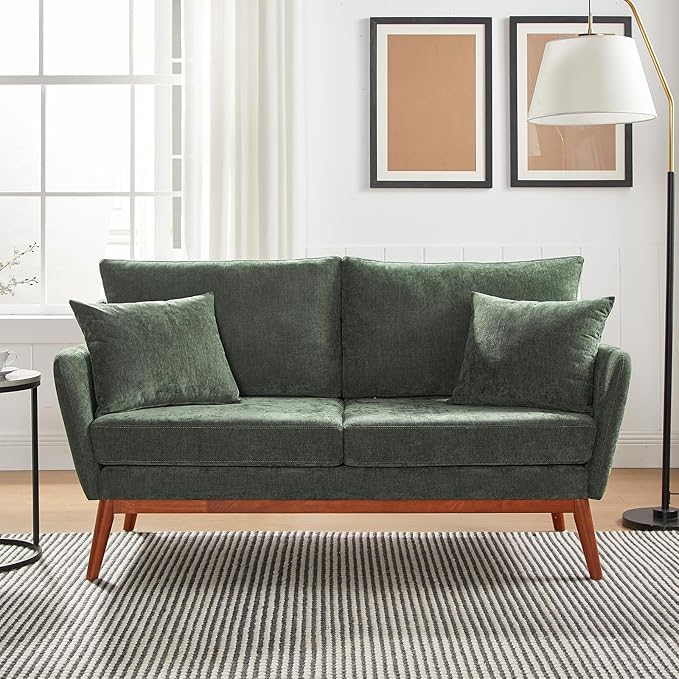VINGLI 63.5 W Comfortable Small Upholstery Love Seat Couch with Soild Wood Frame 2 Seater Mid Century Linen Fabric Loveseat Sofa Mini Couch with Two Pillows for Small Spaces Bedroom Green