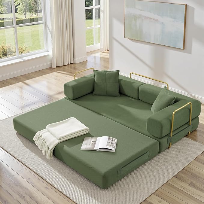 Folding Sofa Bed Convertible Sleeper Sofa Bed with Gold Fixed-Shape Frame Corduroy Floor Couch Lazy Compression Sofa for Living Room Bedroom Home Theater Green