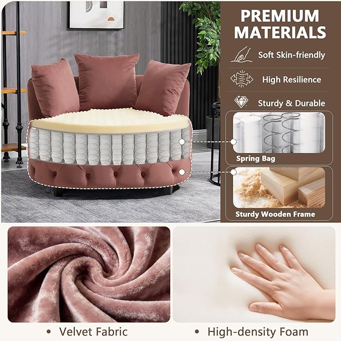 mikibama Oversized Accent Barrel Chair 40.6 W Velvet Upholstered Round Chair with Pillows Rubber Wood Legs Modern Lounge Reading Sofa Armchair for Living Room Bedroom