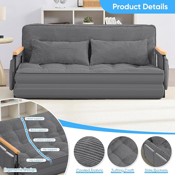 Mjkone 54 Adjustable Floor Couch with 2 Pillow Loveseat Sleeper Sofa with Side Pocket Multi-Functional Couch Bed 5 Position Lazy Sofa with Wooden Armrest for Living Room (Dark GrayLoveseat