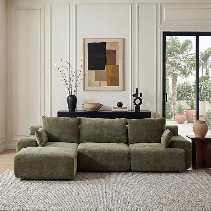 WELAX 114 Sectional Couches for Living Room Boneless Couch L-Shape with Pillows &amp Ottoman Modular Chenille Cloud Sofa 4 Seater Home Comfy Sofas for Apartment Green