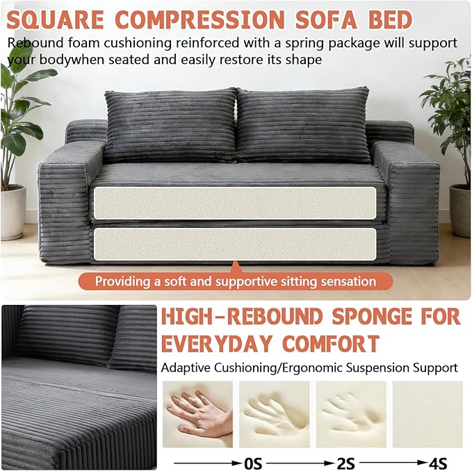 73“ Boneless Loveseat Couch 2 in 1 Pull Out Sleeper Sofa with Side Pockets &amp 2 Pillows Folding Convertible Corduroy Floor Couch for Apartment Living Room Bedroom No Assembly(Grey)