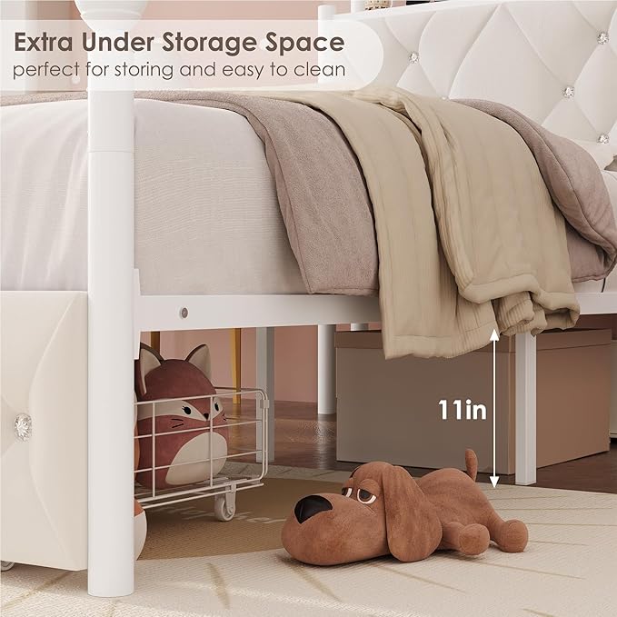 Keyluv Twin Upholstered Canopy Bed Frame with Drawer &amp Crystal Tufted Storage Headboard Metal Platform Bed with Charging Station &amp 4 Removable Posts No Box Spring Needed Curtain Not Included
