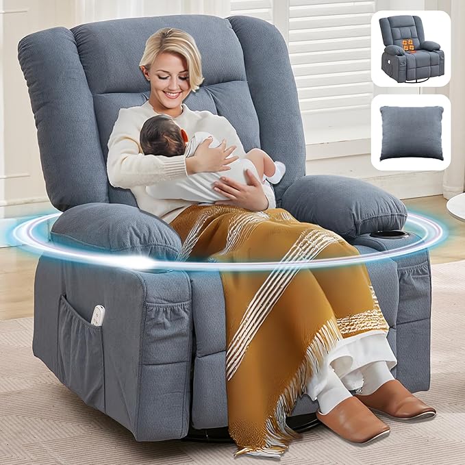 Oversized Swivel Rocker Recliner with Throw Pillow for Adult Kneading Massage Recliners Chair with Heat | USB | Cup Holders Gray Nursery Recliner Chair for Living Room Bedroom (Normal Blue)