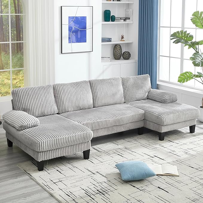 114 Sectional Couches for Living Room Corduroy Deep Seat Cloud Couch Double Chaise U Shaped Sofa Light Gray