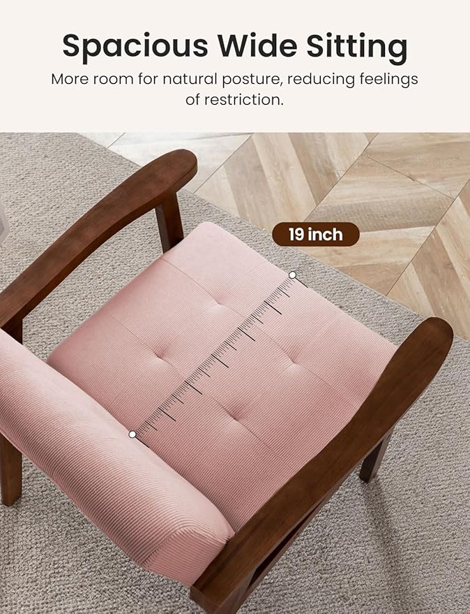 Mid Century Modern Accent Chairs for Living Room Comfy Bedroom Chairs for AdultsSmall Wide Reading Nook Arm Chair 105° Ergonomic Cozy Pink Corduroy Armchair with Rubber Wood