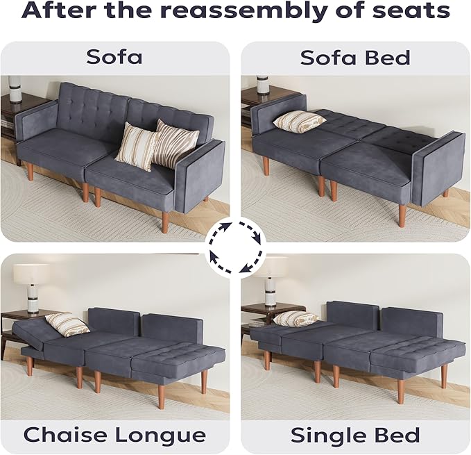 71 Velvet Futon Sofa Bed Versatile Loveseat Couch Sleeper Sofa with Adjustable Backrest Mid Century Modern Futon Couch for Small Space Living Room Office &amp Apartment Velvet Fabric Grey