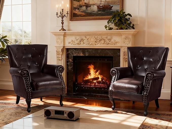 Modern Accent Chair Set of 2 Mid-Century PU Leather Armchair with Solid Wood Legs Single Sofa Chair for Living Room Bedroom Leisure Room or Reading Room(Caramel)